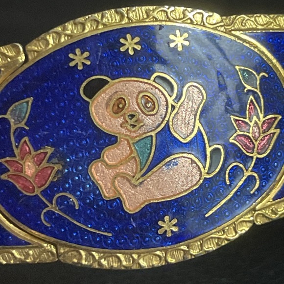 Vintage Cloisonne Hinged Bracelet Bangle Panda Floral Calla Lily Gold Tone - Picture 2 of 15